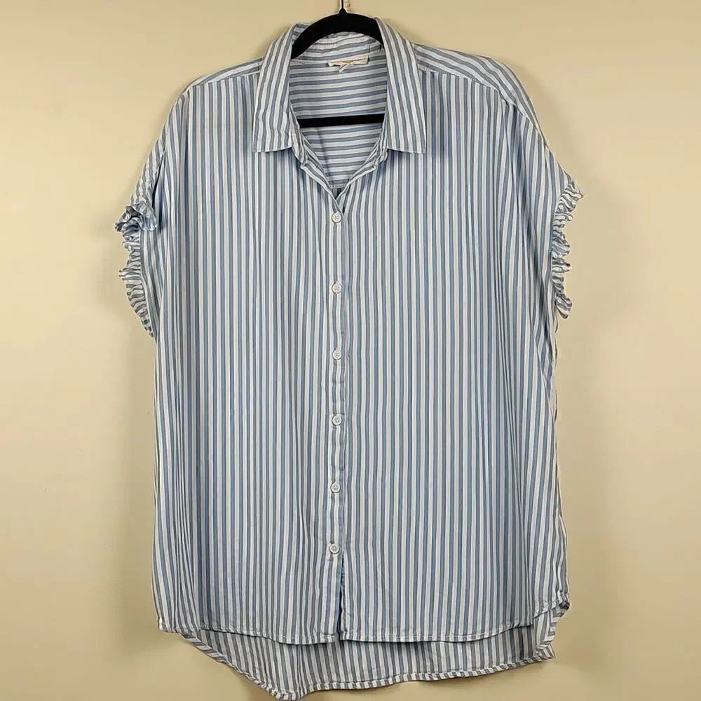 Beachlunchlounge Blue and White Striped Short Sleeve Button Front Blouse Size XL